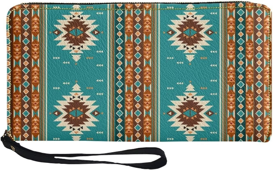 Close-up of top zipper and detachable wrist strap on turquoise tribal wallet