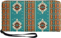 Front view of turquoise wallet with Southwest tribal geometric pattern