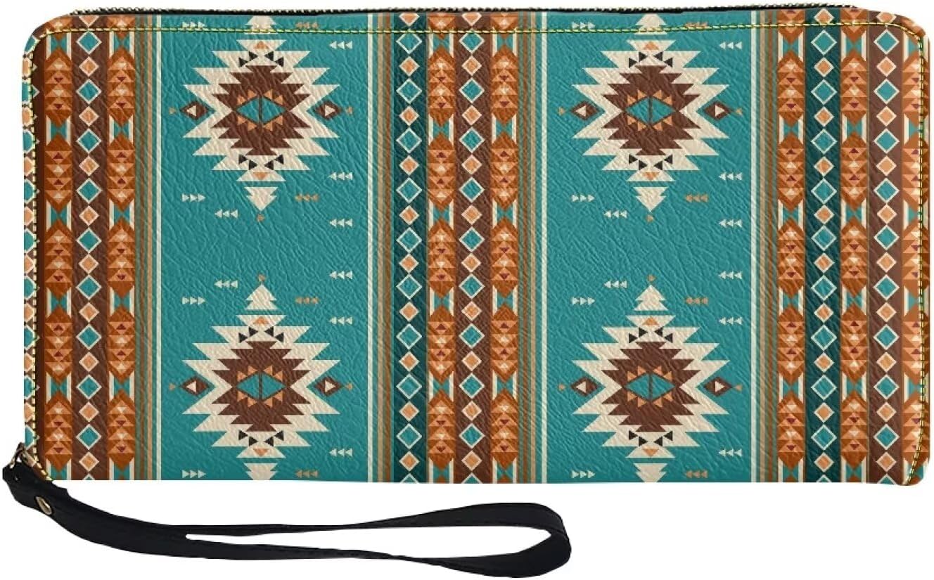 Front view of turquoise wallet with Southwest tribal geometric pattern