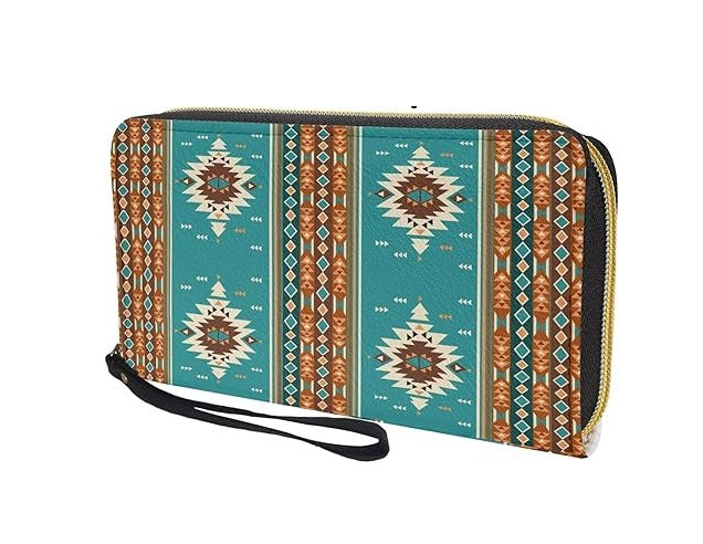 Close-up of top zipper and detachable wrist strap on turquoise tribal wallet