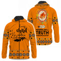 Front-and-back composite of an orange windbreaker jacket displaying “Every Child Matters” on the front and a feathered circular motif with reconciliation text on the back.