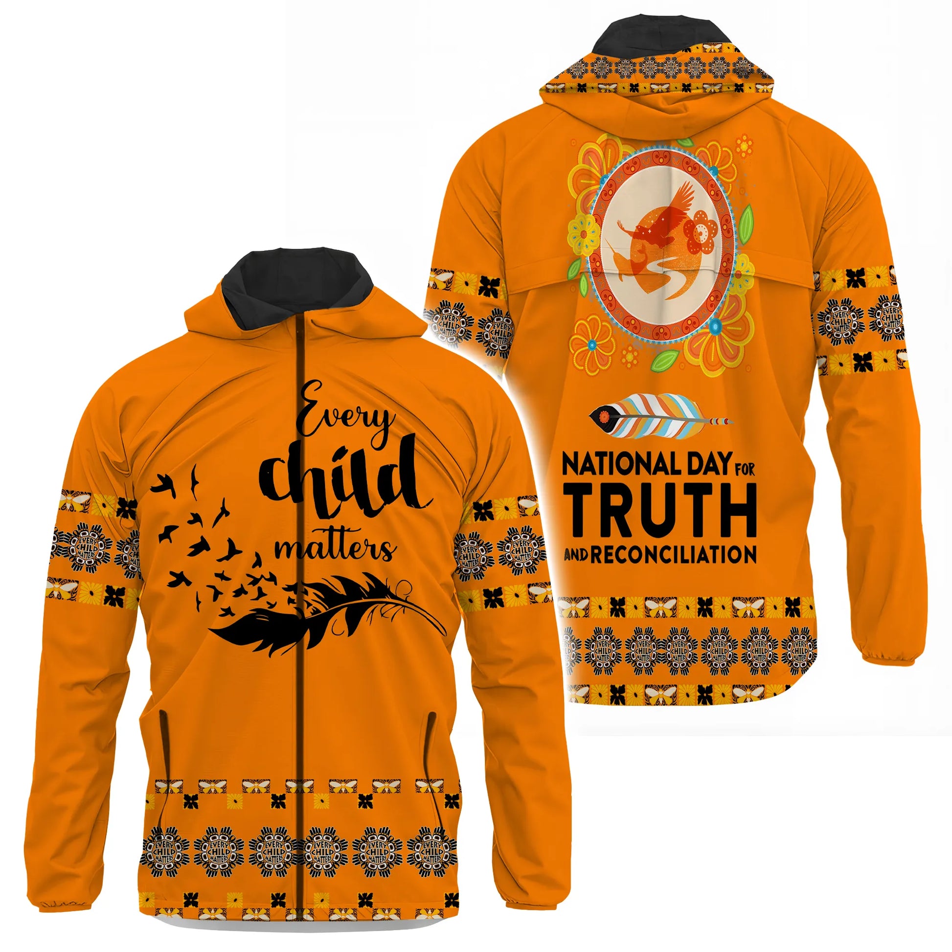 Front-and-back composite of an orange windbreaker jacket displaying “Every Child Matters” on the front and a feathered circular motif with reconciliation text on the back.